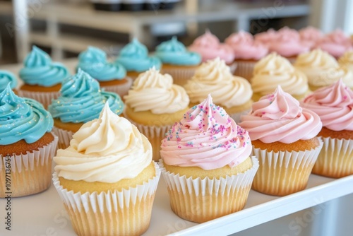 Colorful cupcakes with frosting and sprinkles displayed at bakery