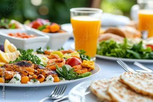 Colorful brunch spread with fresh salads and beverages at a sunny outdoor caf