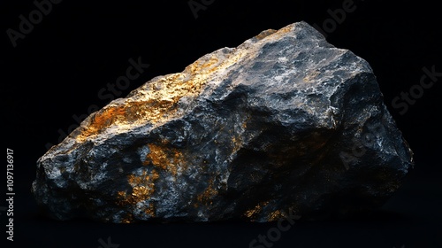 A dark gray rock with streaks of gold, illuminated against a black background. The contrast between the dark and light creates a dramatic visual effect.