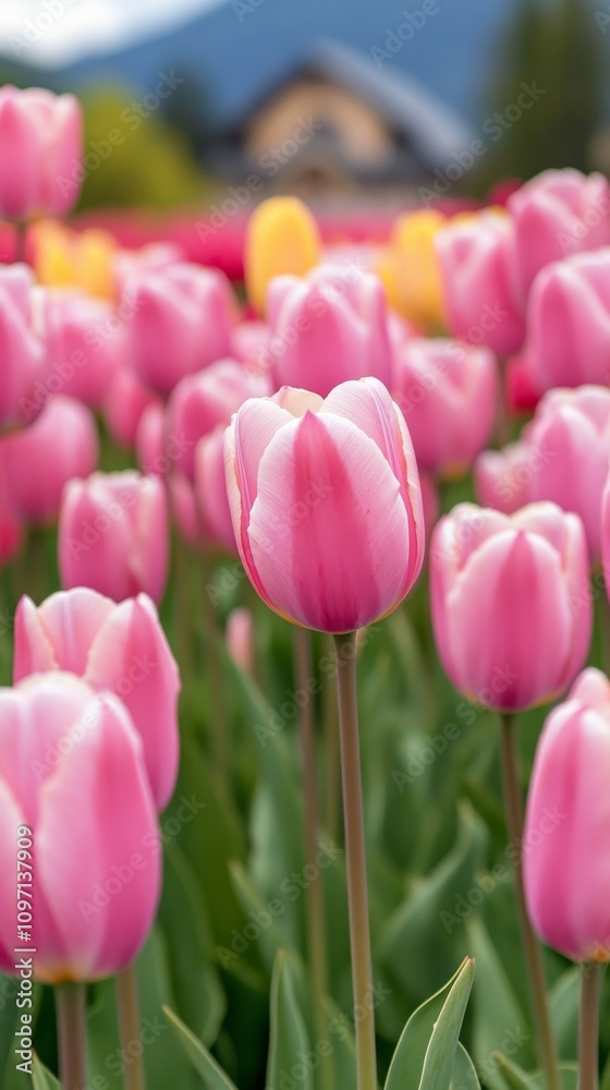 Colorful tulip field in springtime blooming under clear blue sky Colorful tulip field in springtime blooming under clear blue sky