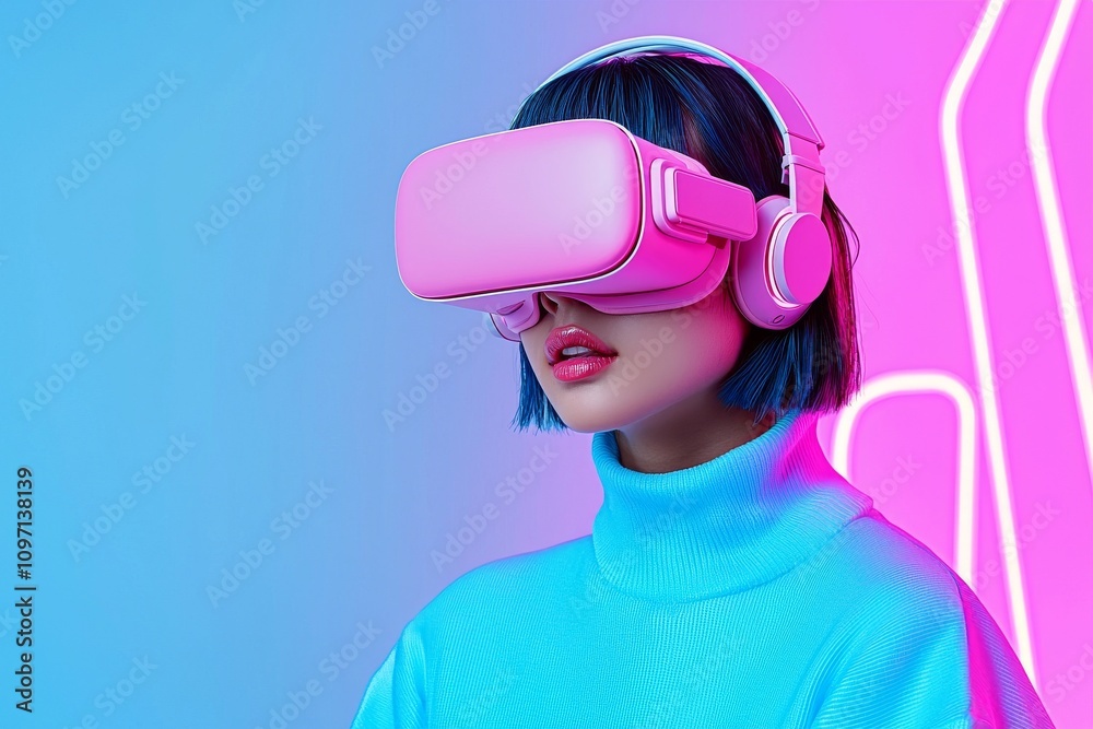 A close-up of a young woman with a virtual reality headset, symbolizing future technology, online education, and gaming. Portrait of a beautiful girl using VR glasses. A close-up of a young woman with a virtual reality headset, symbolizing future technology, online education, and gaming. Portrait of a beautiful girl using VR glasses.