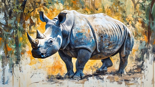 Majestic rhino depicted in a vibrant, textured painting. The artwork showcases the animal's powerful presence against a backdrop of warm, earthy tones. photo