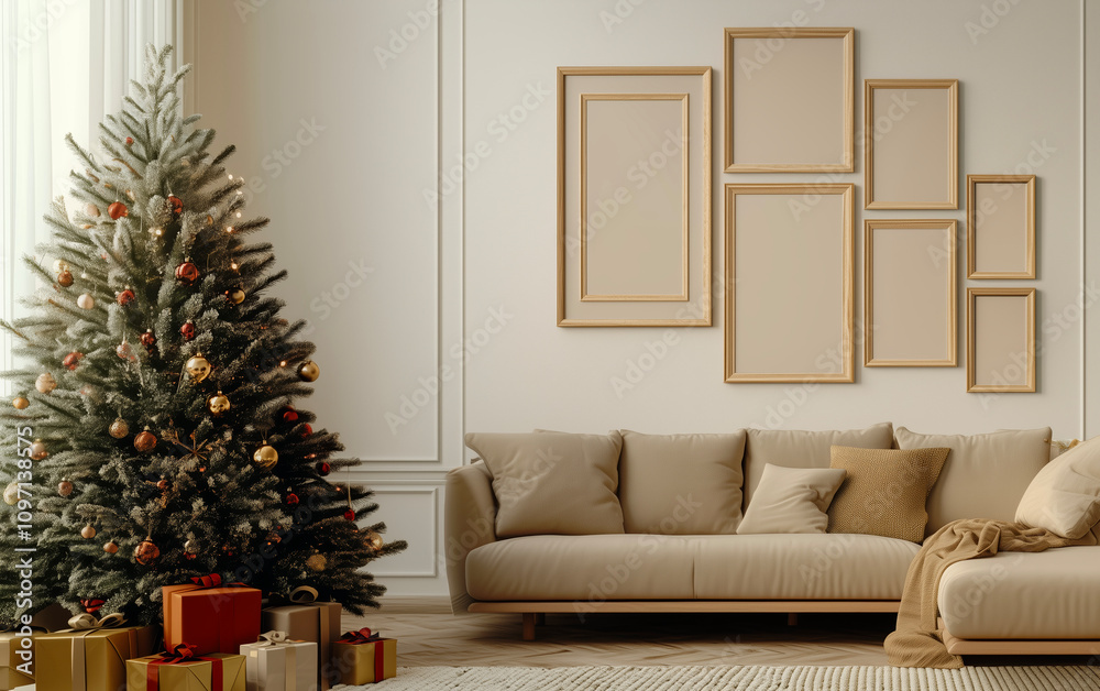 Modern living room with multiple empty frames and christmas decor Modern living room with multiple empty frames and christmas decor