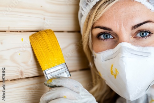 Close-up of a worker painting wood with a brush, wearing protective gear. photo