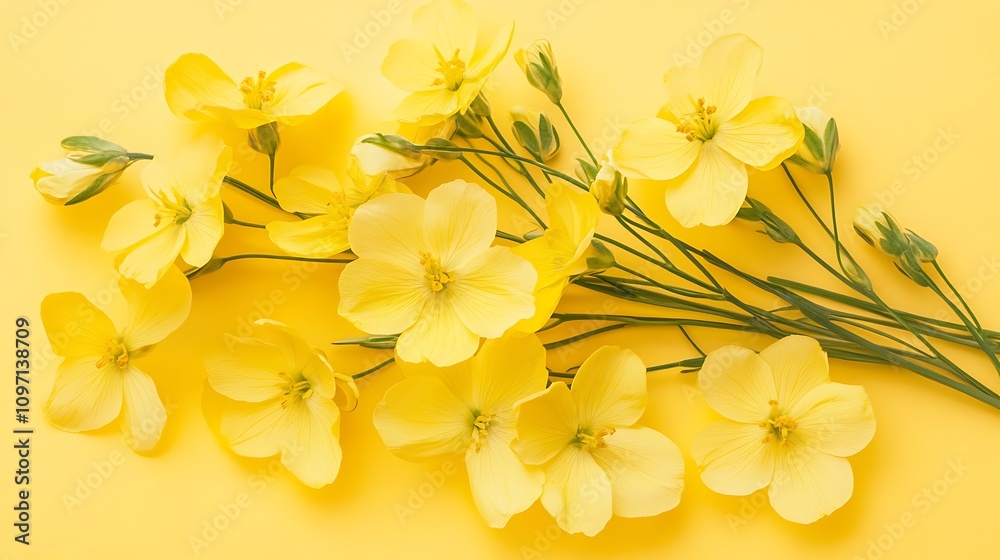 Fototapeta premium A vibrant bouquet of sunny yellow flowers arranged on a matching yellow background. The delicate petals and stems create a cheerful and bright composition, perfect for spring or summer themes.