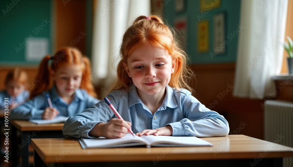 Red haired girl school pupil studies at desk. Child reads textbook. Elementary school student learns lesson. Kid writes in copybook. Classroom education. Girl prepares for exam.