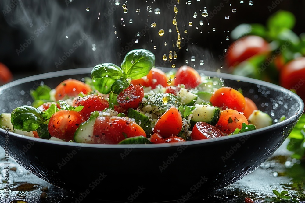 vegetable salad in a bowl, ingredients flying into the air and droplets of olive oil cascading down, showcasing freshness and the art of healthy cooking vegetable salad in a bowl, ingredients flying into the air and droplets of olive oil cascading down, showcasing freshness and the art of healthy cooking