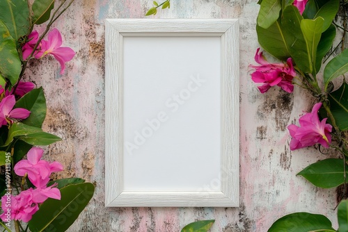 Decorative frame surrounded by lush green leaves and vibrant pink flowers on a nature backdrop photo