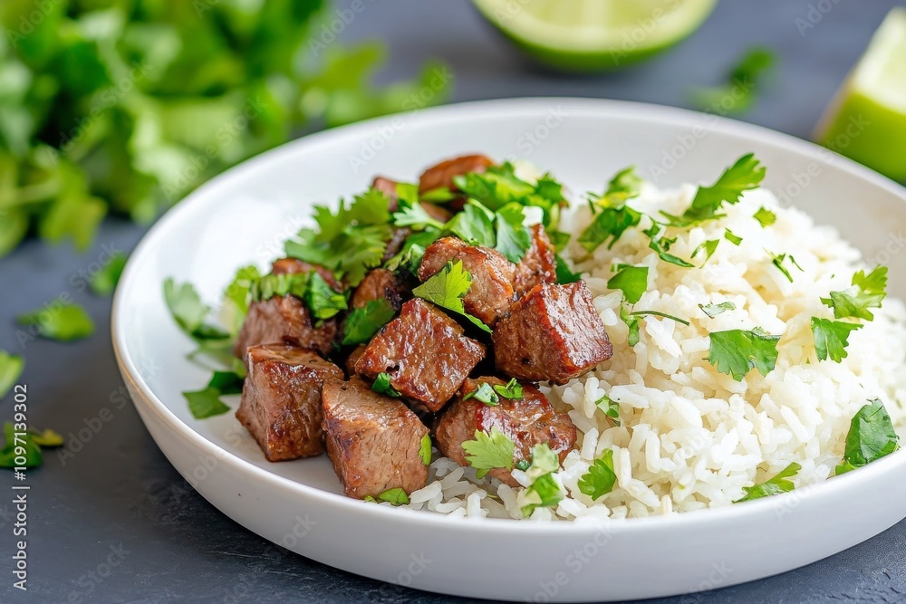 Delicious beef stir fry served with vegetable fried rice and garnish in a modern setting Delicious beef stir fry served with vegetable fried rice and garnish in a modern setting