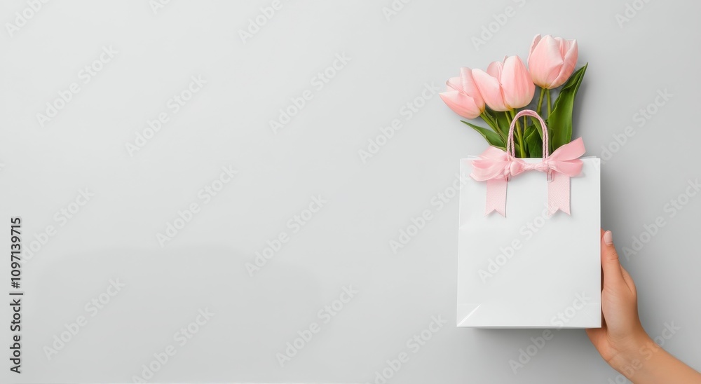 Elegant arrangement of white tulips next to a soft pink shopping bag on a white wooden surface Elegant arrangement of white tulips next to a soft pink shopping bag on a white wooden surface