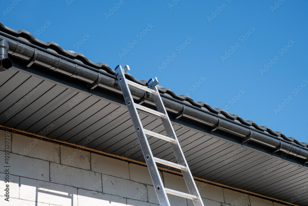 Fototapeta premium Metal ladder leans against the roof of the house