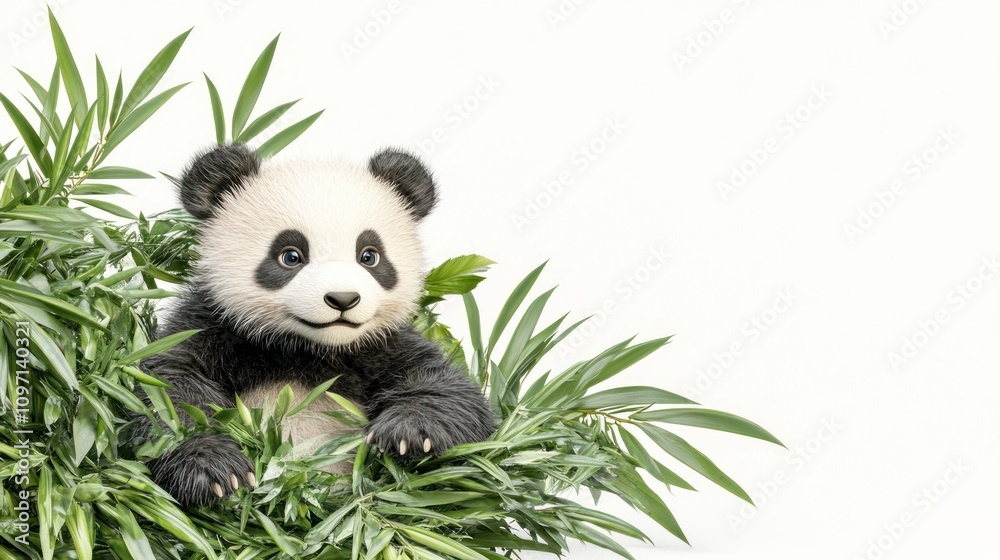 A cute panda cub peeks out from a lush bamboo background, showcasing its playful nature. A cute panda cub peeks out from a lush bamboo background, showcasing its playful nature.