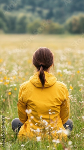 Person sitting in a yellow jacket amidst a flower filled field at sunset photo