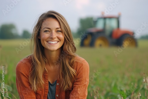 Woman enjoying the peaceful countryside while a tractor works the fields at sunset