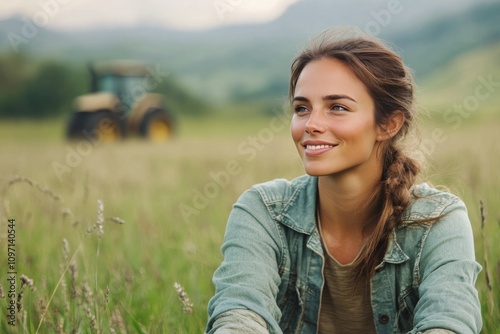Woman enjoying the peaceful countryside while a tractor works the fields at sunset photo
