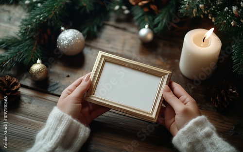 Empty gold photo frame mockup in hands with Christmas decor
