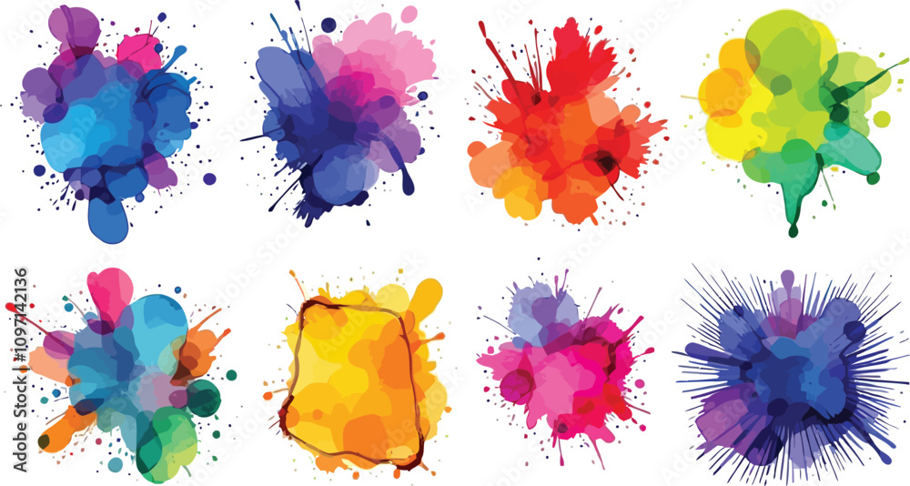 Colorful ink spots set Splash splatter abstract shape Vector illustration
