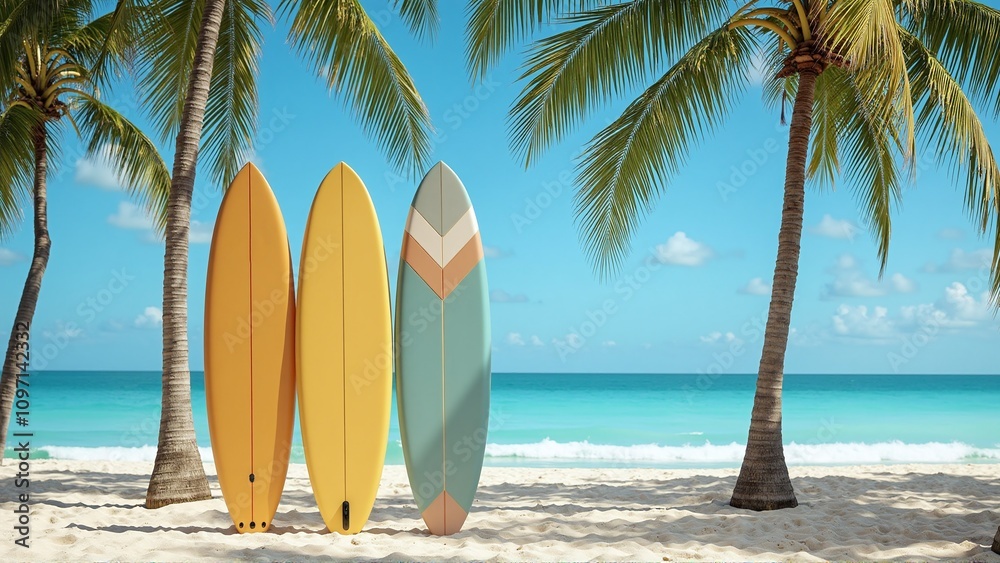 Background of a summer beach with three surfboards on a turquoise sea background Background of a summer beach with three surfboards on a turquoise sea background