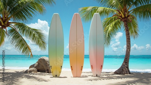 Background of a summer beach with three surfboards on a turquoise sea background