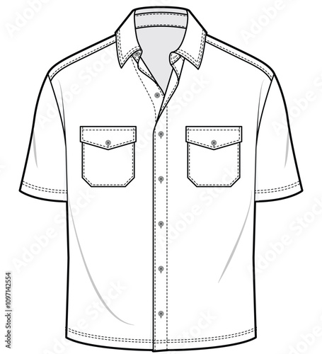 mens short sleeve double pocket relaxed fit shirt flat sketch vector illustration technical cad drawing template