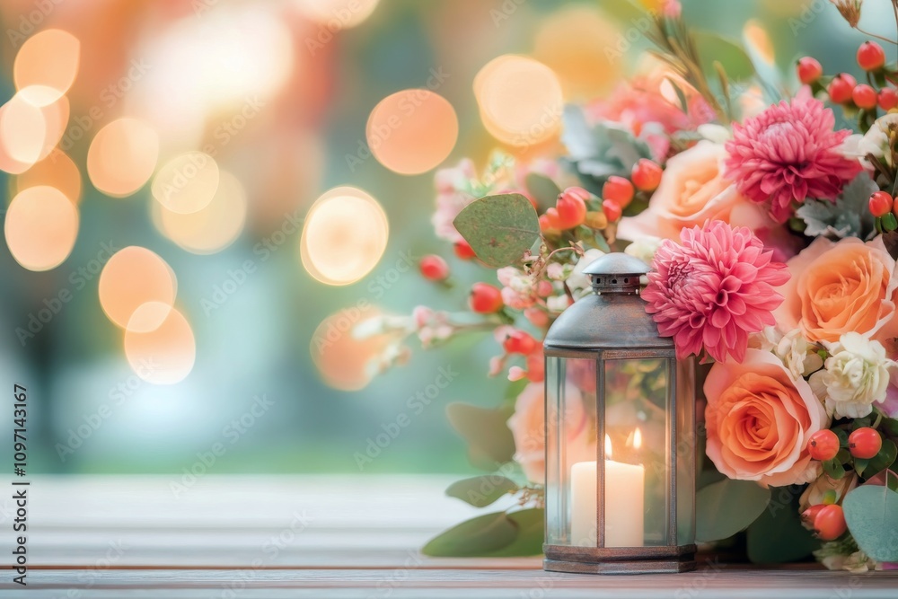 Beautiful flower bouquet with lantern glowing softly in outdoor setting during daylight Beautiful flower bouquet with lantern glowing softly in outdoor setting during daylight