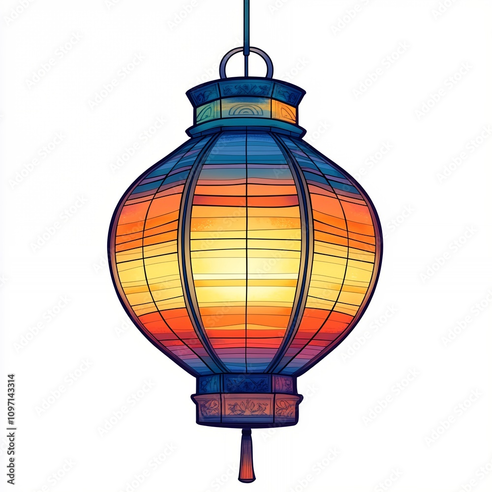 Obraz premium Beautifully Crafted Lantern Displaying Warm Sunset Colors, Hanging Gracefully Against a Simple Background