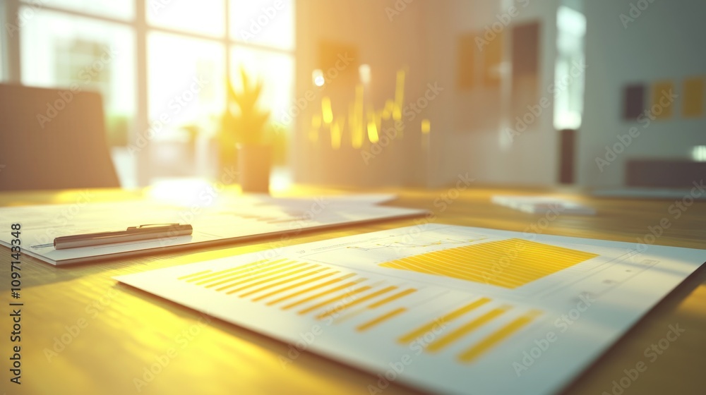 A business workspace with documents and charts illuminated by sunlight. A business workspace with documents and charts illuminated by sunlight.