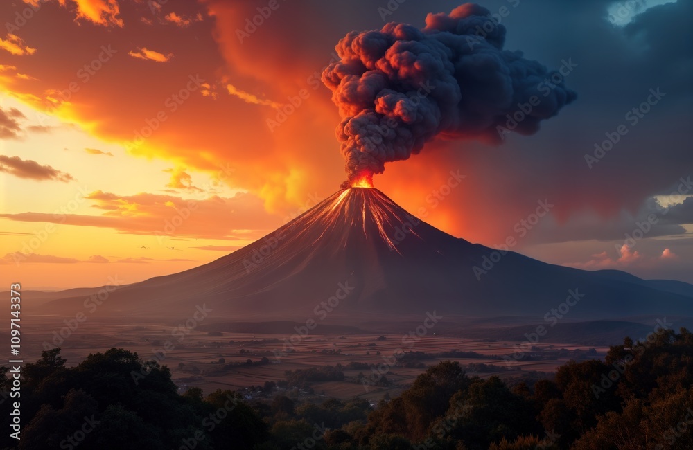 Volcano erupts at sunset. Lava flows down mountainside. Dark smoke plume rises high. Dramatic landscape. Nature disaster. Active volcano explodes. Geologic event. Tourism hazard. Scenic view. Fire, Volcano erupts at sunset. Lava flows down mountainside. Dark smoke plume rises high. Dramatic landscape. Nature disaster. Active volcano explodes. Geologic event. Tourism hazard. Scenic view. Fire,