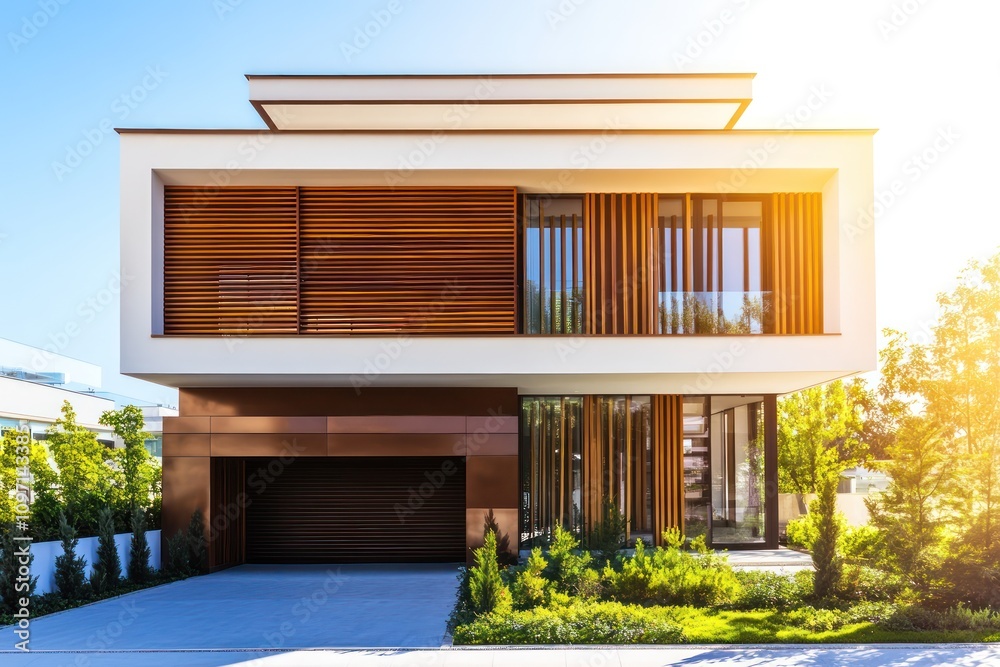 Front view of a sleek modern house with wooden slats and a hidden garage door, bright sunny day. Front view of a sleek modern house with wooden slats and a hidden garage door, bright sunny day.