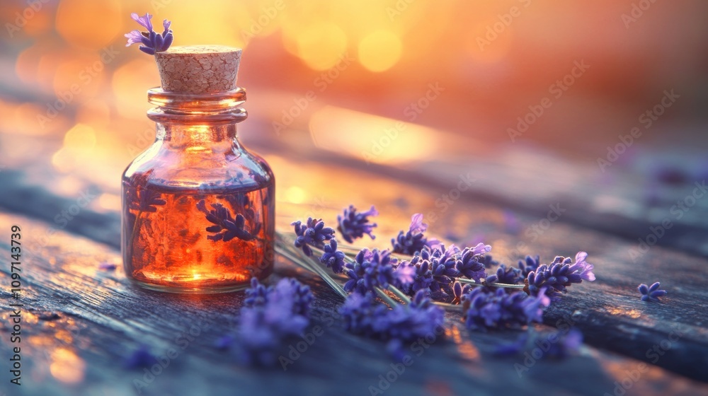 A small glass bottle of lavender oil surrounded by fresh lavender flowers on a wooden surface.