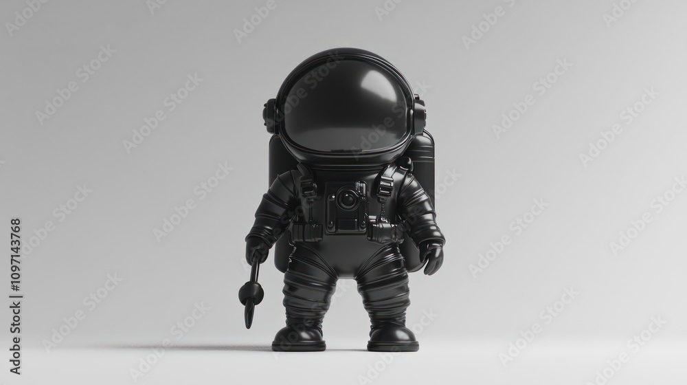 A black astronaut figurine stands against a minimalistic background, showcasing space exploration. A black astronaut figurine stands against a minimalistic background, showcasing space exploration.