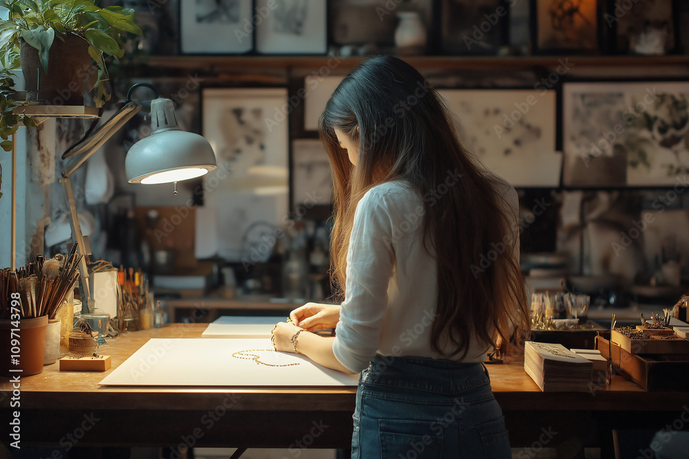 Creative artist works on detailed sketch at cozy studio during evening hours. Generative AI Creative artist works on detailed sketch at cozy studio during evening hours. Generative AI