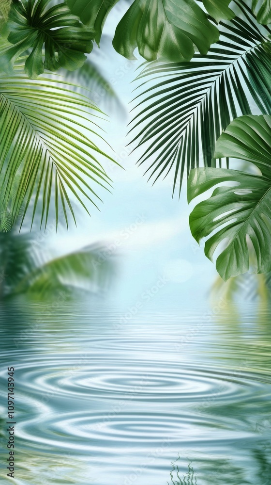 Tranquil water surrounded by lush tropical foliage in a serene environment Tranquil water surrounded by lush tropical foliage in a serene environment