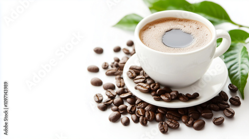 A cup of coffee with green leaves and beans on the side, commercial photography, elegant style