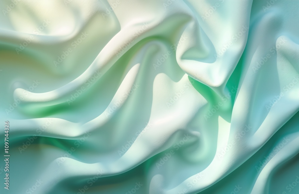 Obraz premium Pastel blue green fabric texture. Crumpled cloth background. Sunlight shadows. Soft folds. Minimal aesthetic. Spring summer wedding design. Business branding. Natural textile. Copy space. Template.