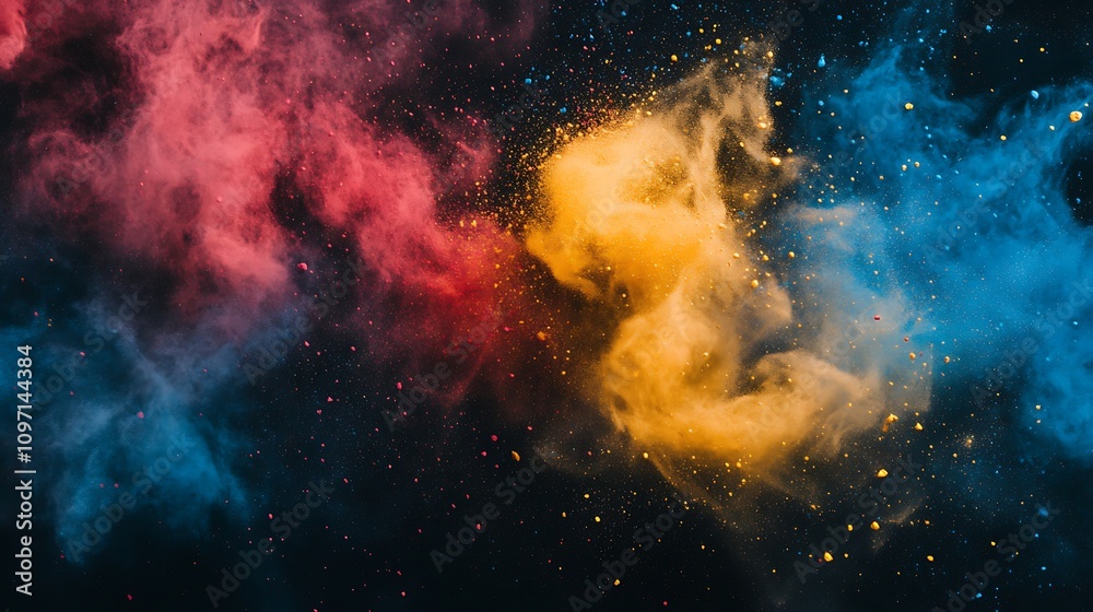 Vibrant clouds of red, blue, and gold powder explode against a black background, creating a stunning abstract image. Vibrant clouds of red, blue, and gold powder explode against a black background, creating a stunning abstract image.