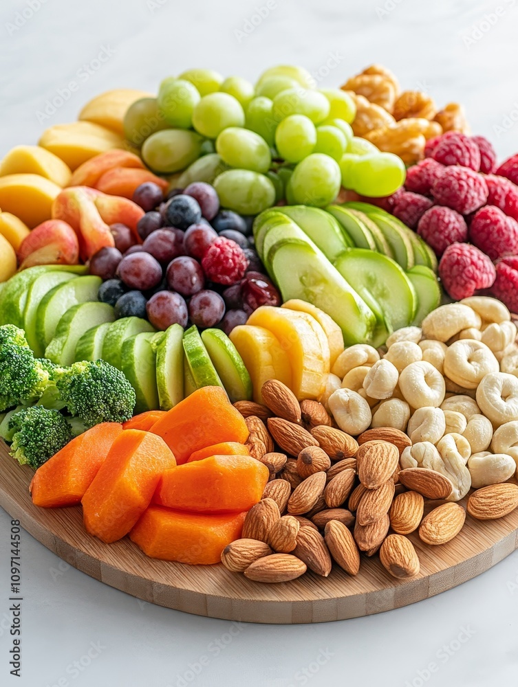 Colorful fruit and nut platter arranged on a wooden board, perfect for healthy snacking Colorful fruit and nut platter arranged on a wooden board, perfect for healthy snacking