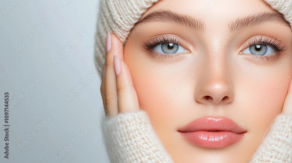 A beautiful woman with flawless skin touching her face, wearing a beige winter hat and gloves A beautiful woman with flawless skin touching her face, wearing a beige winter hat and gloves
