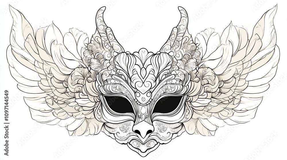 Fototapeta premium Elaborate Mask Design Featuring Intricate Patterns and Wings, Suitable for a Costume Event or Celebration
