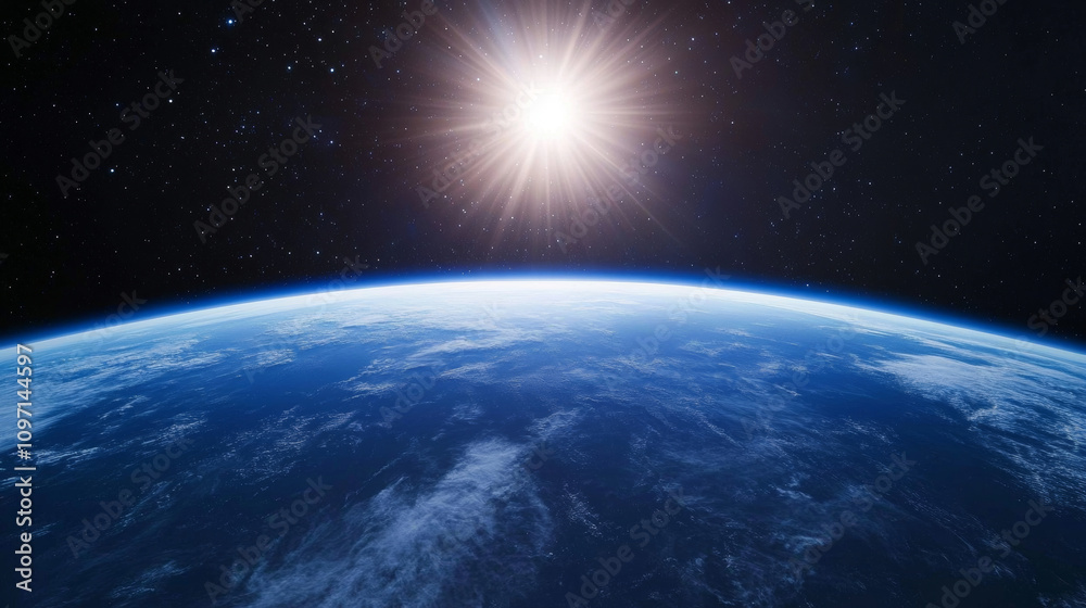 A breathtaking view of Earth from space, showcasing a vibrant blue planet with a radiant sun shining brightly above, surrounded by a star-filled cosmos. A breathtaking view of Earth from space, showcasing a vibrant blue planet with a radiant sun shining brightly above, surrounded by a star-filled cosmos.