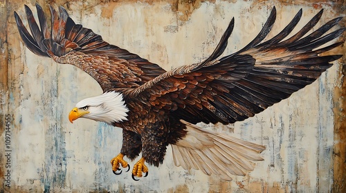Majestic bald eagle in flight, its powerful wings spread wide against a textured, earthy background.  A study in browns, creams, and whites.
