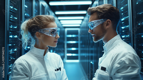 Two scientists in lab coats and protective goggles stand face-to-face in a high-tech server room, surrounded by glowing server units.