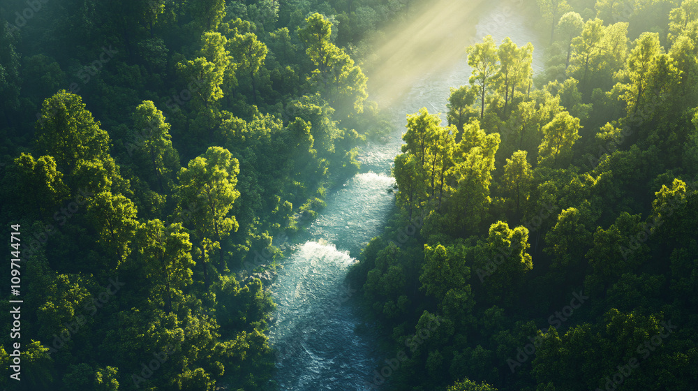 Obraz premium Tranquil aerial view of a pristine river winding through a sunlit forest, creating a serene and natural landscape