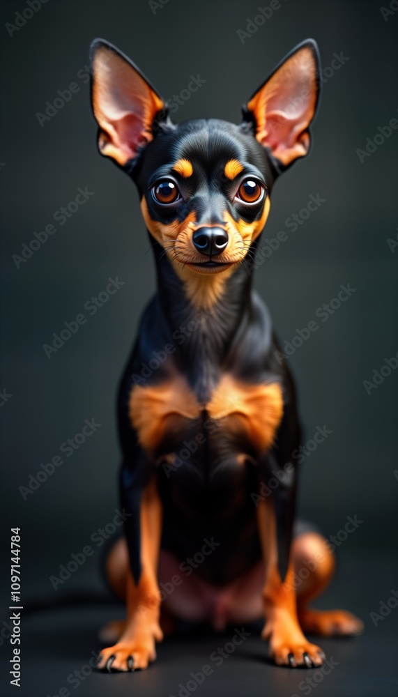 Miniature pinscher dog breed portrait. Studio shot of small pet. Brown tan black puppy. Cute adorable toy terrier. Purebred canine animal. Miniature pinscher dog breed portrait. Studio shot of small pet. Brown tan black puppy. Cute adorable toy terrier. Purebred canine animal.