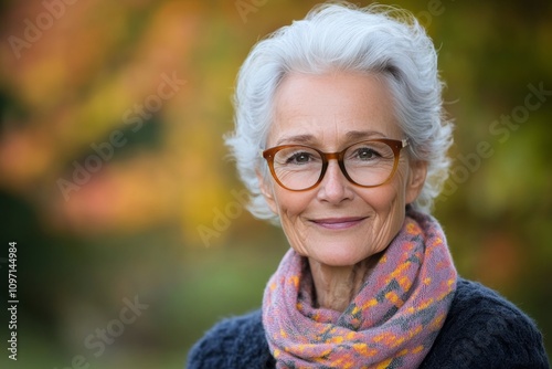 Elderly woman smiling warmly in a park during autumn with colorful foliage in background