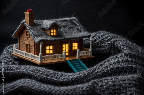 Knitted House on a Scarf Representing Home Insurance, Real Estate, and Property, Concept of Coziness and Protection, With a Bokeh Background.	