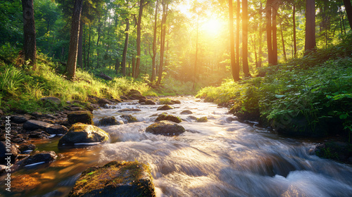 Sunlight bathes lush vegetation and cascading water in a serene forest, crafting a stunning natural scene