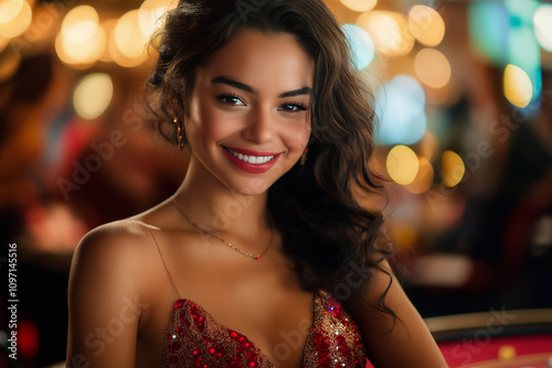 Young woman smiles warmly at a vibrant casino during an evening event. Generative AI