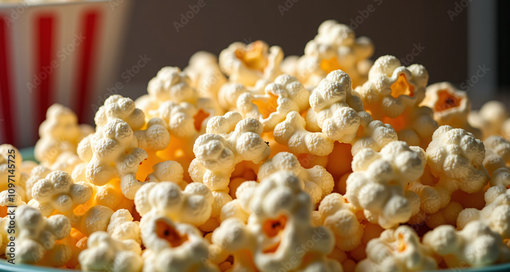 Classic buttery popcorn in a red and white striped container Classic buttery popcorn in a red and white striped container