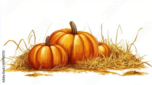 Collection of pumpkins arranged on hay during autumn season at a farm